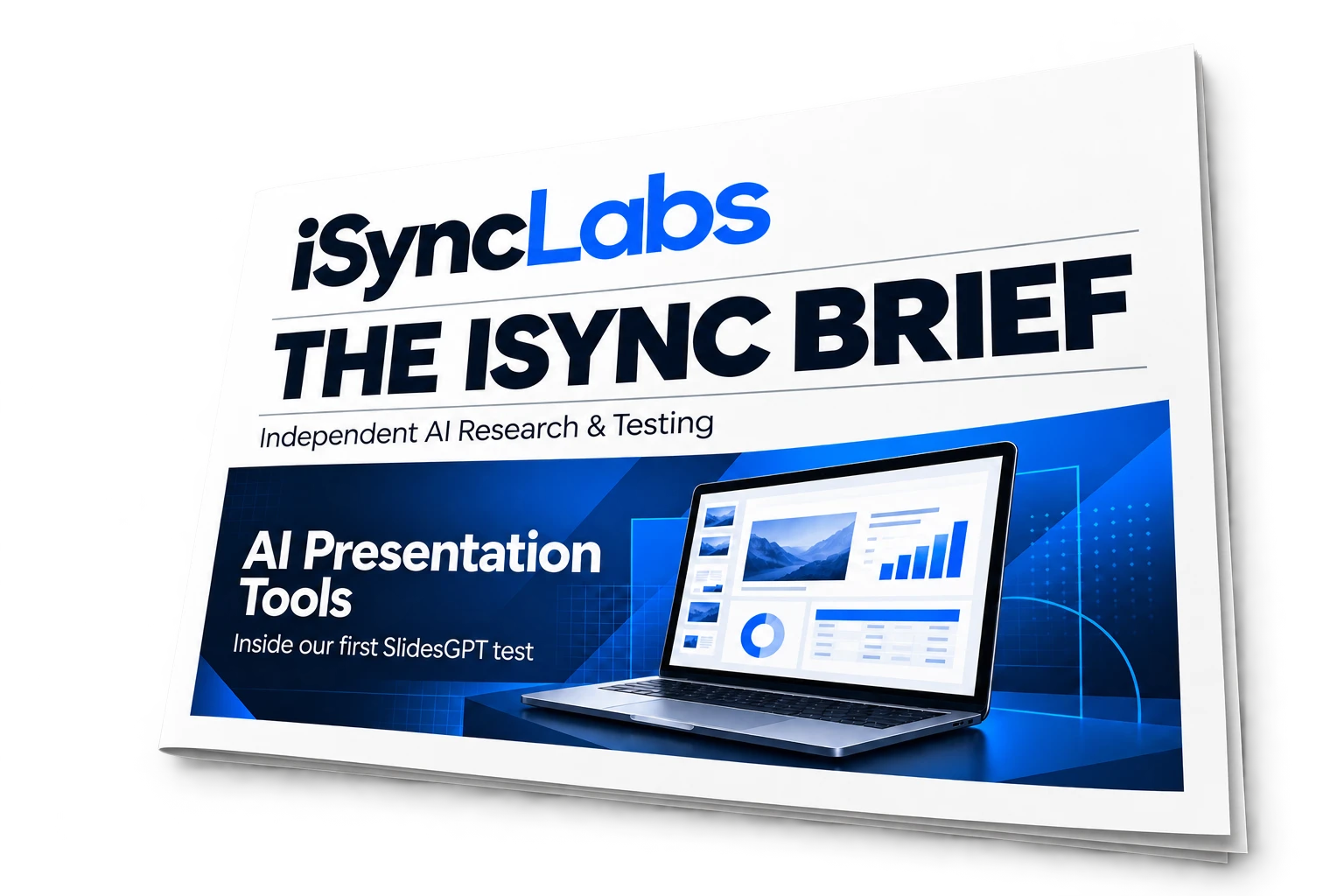 The iSync Brief magazine cover: AI Presentation Tools, inside our first SlidesGPT test