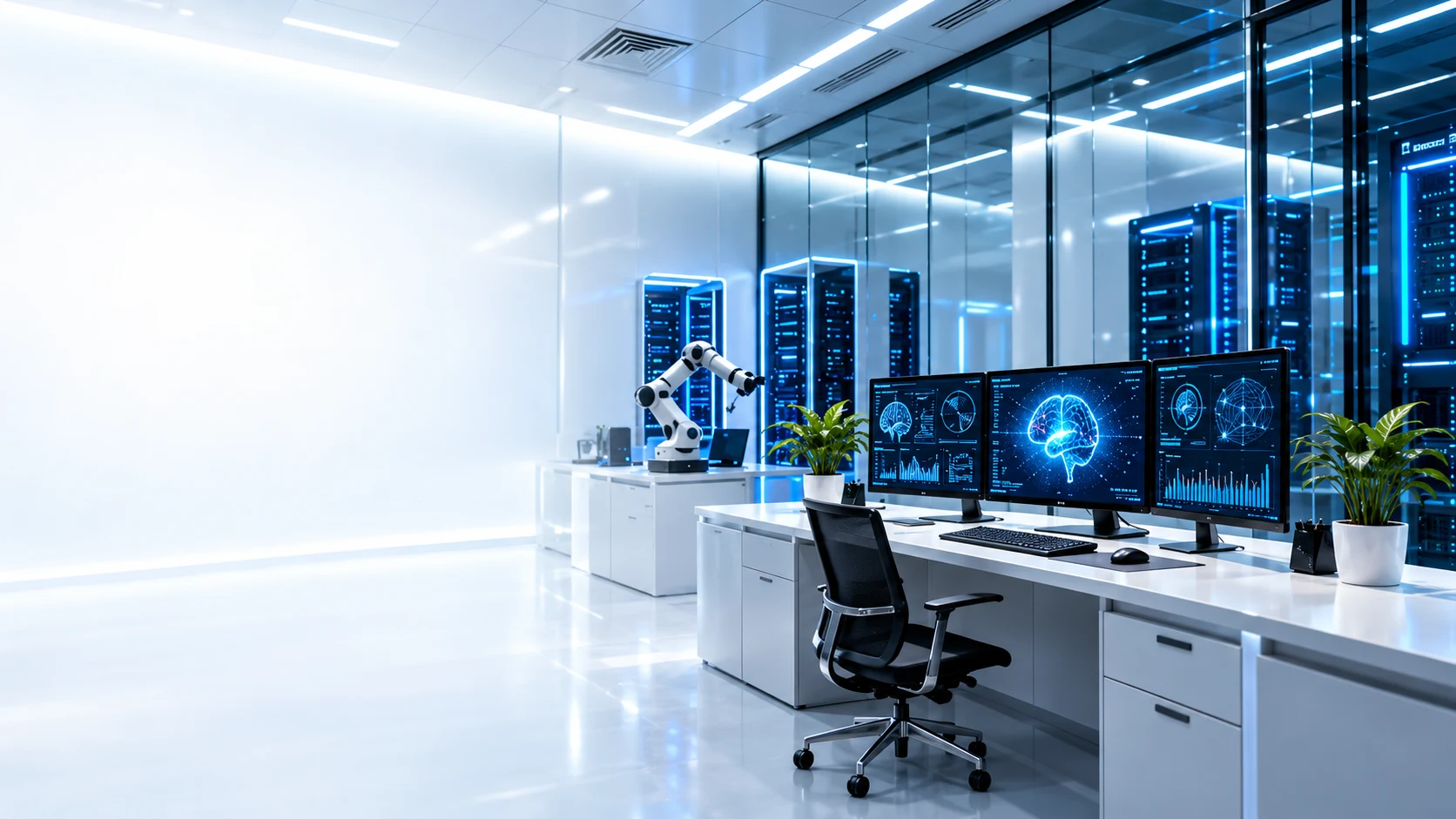 Concept illustration of a bright AI testing laboratory with blue-lit servers and research workstations